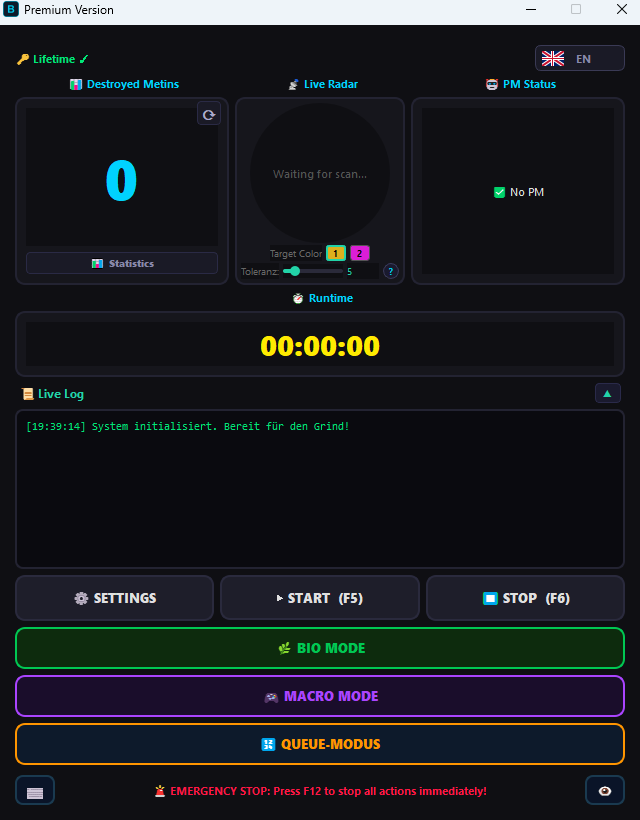 BeaTzVision main window with live radar, PM status and metin counter