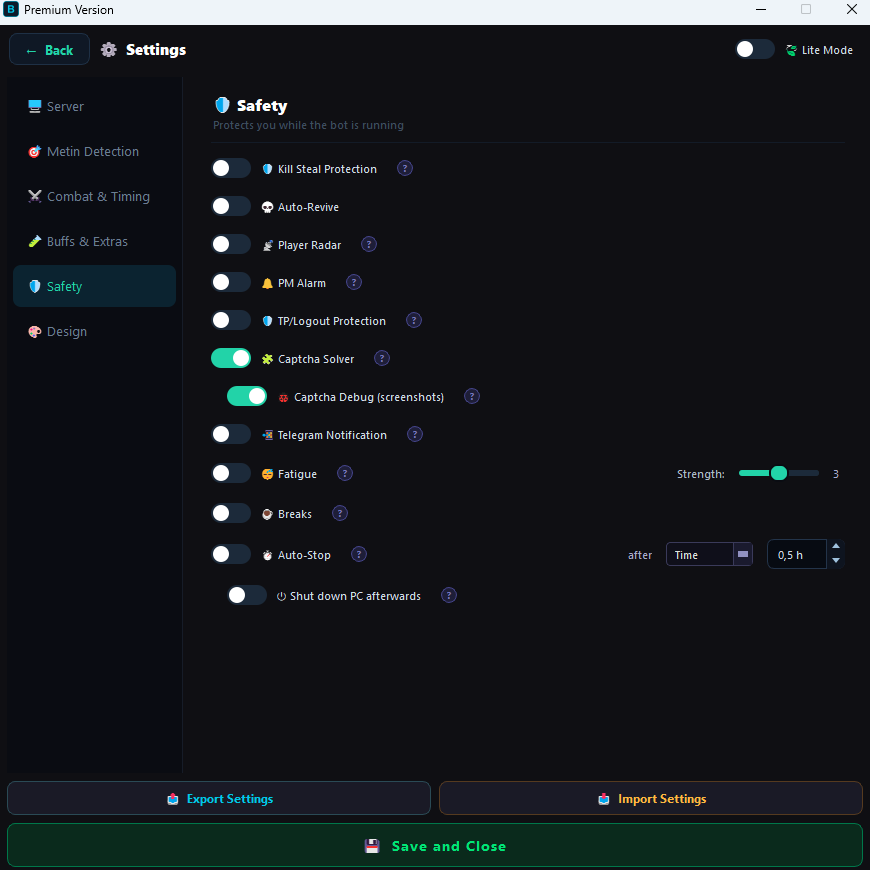 BeaTzVision security settings with the anti-detection options