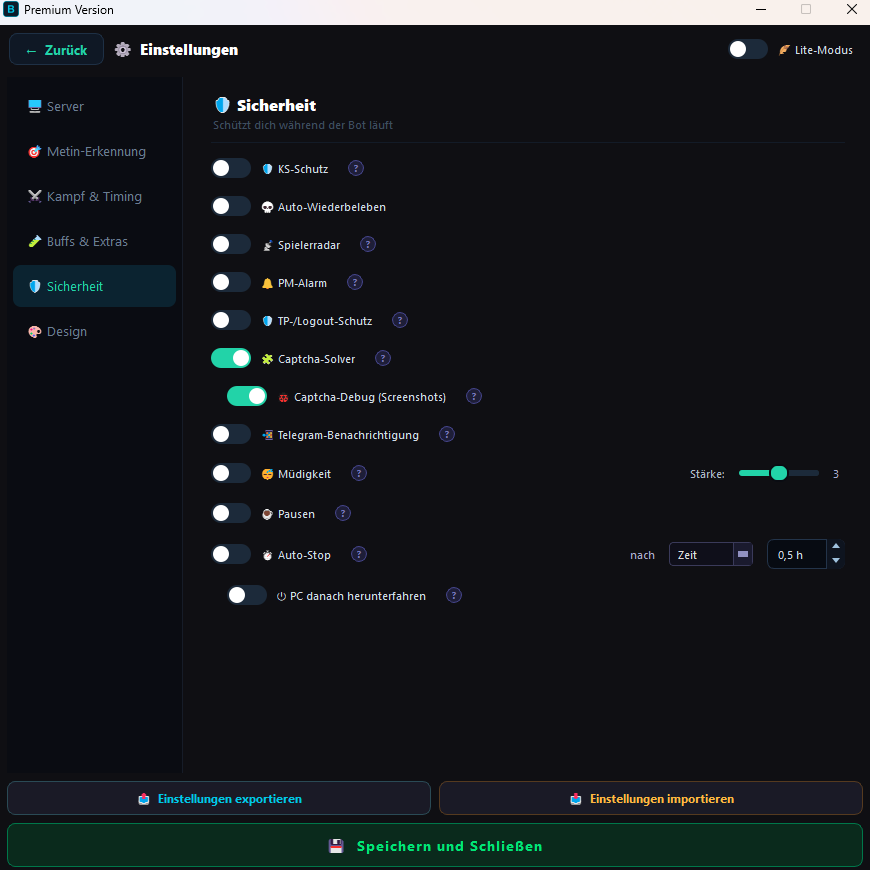 Sicherheits-Einstellungen von BeaTzVision mit den Anti-Detection-Optionen